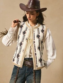 Easelle Women's Floral Pattern Ribbon Tie Front Casual Vest Jacket, Winter And Autumn Women's Clothing, Padded Jacket, Pattern Details, Autumn And Winter Coat - Multicolor - View 6