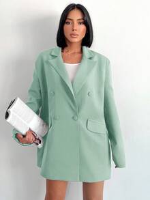 RueChic Double-Breasted Lapel Collar Blazer - Green - View 3