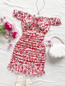 Soleia Vestido mini ajustado con hombros descubiertos, volantes y lazo delantero con estampado floral para vacaciones de verano de mujer - Rojo y blanco - Ver 3