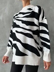 EURMUSE Plus Zebra Striped Pattern Drop Shoulder Sweater, For Winter - Black and White - View 3
