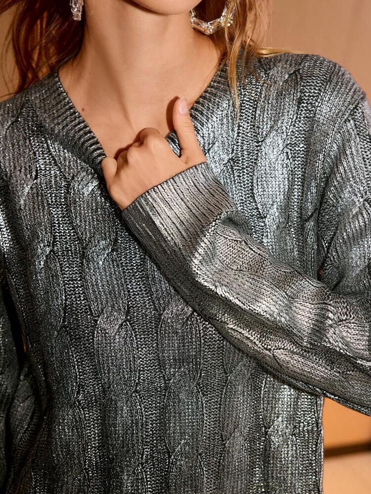 METALLIC SILVER CABLE KNIT SWEATER DRESS, SUITABLE FOR AUTUMN/WINTER PARTY