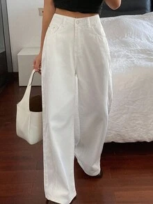 DAZY 女士休闲宽松高腰白色牛仔裤 - 卡其色 - 查看 3