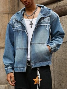 Manfinity EMRG Men's Blue Denim Jacket With Raw Edge Patches, Hood, Zipper And Elastic, Emo Style - Blue - View 3