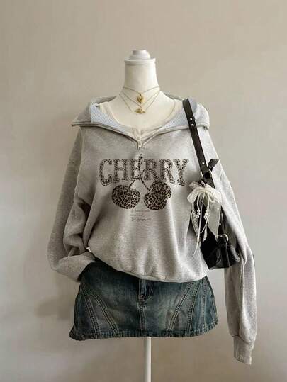 Attitoon 豹纹樱桃印花休闲宽松半拉链高领卫衣，适合音乐节和派对等场合，秋冬季大码可选。