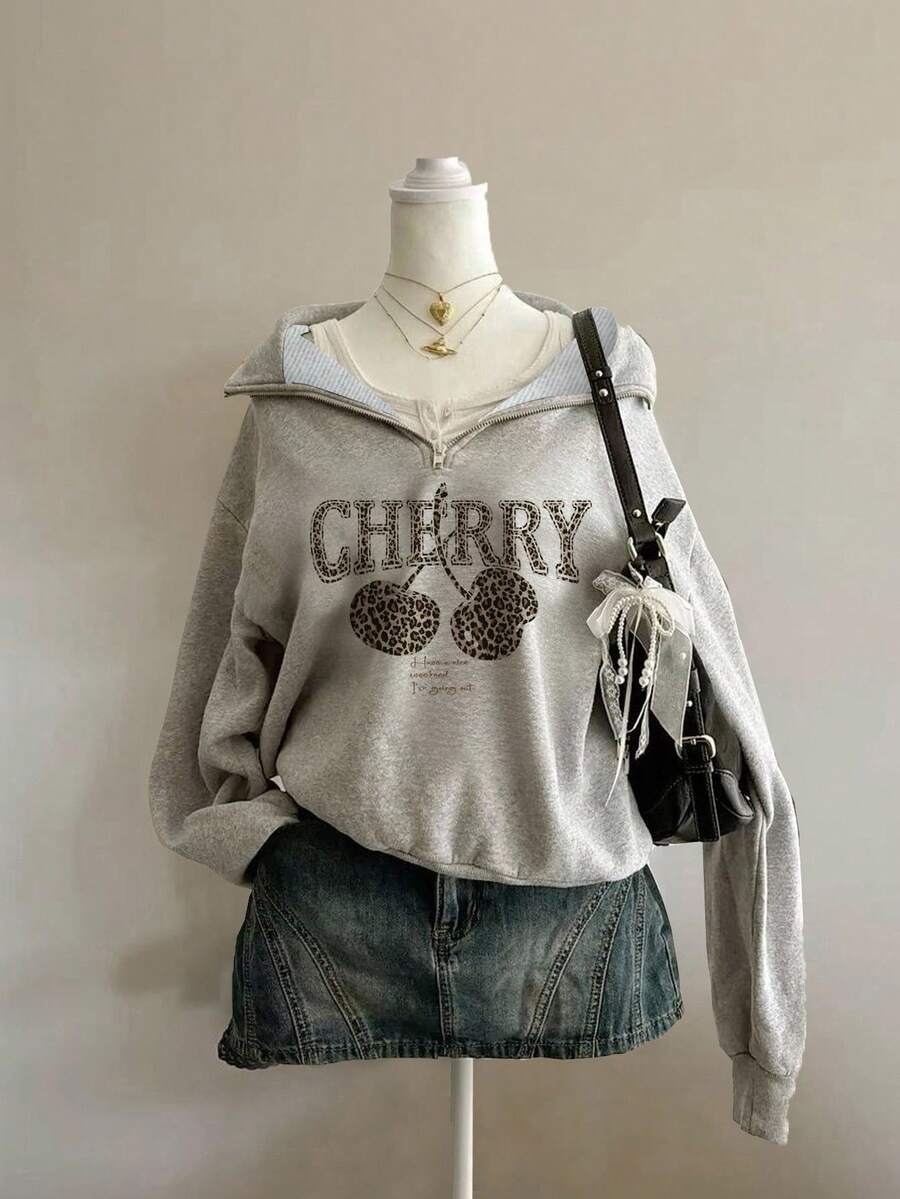 Attitoon 豹纹樱桃印花休闲宽松半拉链高领卫衣，适合音乐节和派对等场合，秋冬季大码可选。 - 灰色 - 查看 1