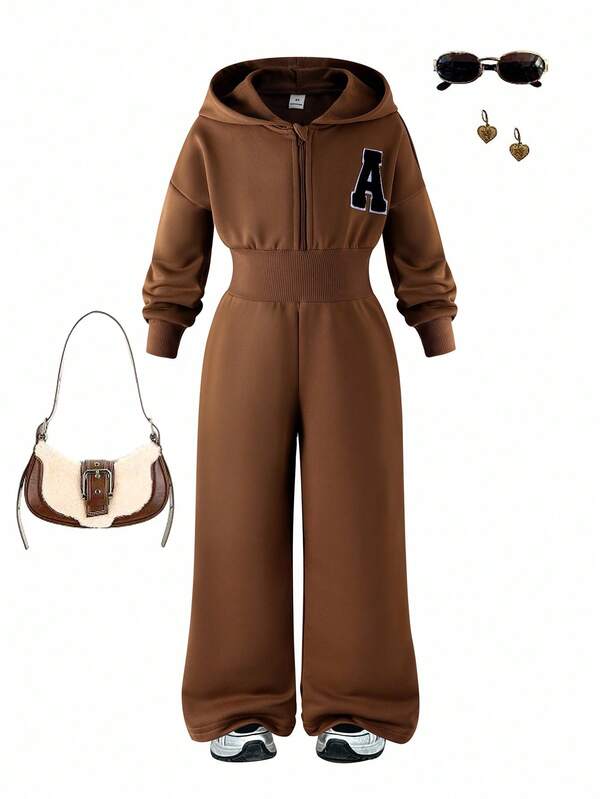 Salopetă casual pentru fete, sport, de zi cu zi, maro, cu mânecă lungă, glugă și fermoar, salopetă minimalistă confortabilă cu șnur în talie, toamnă