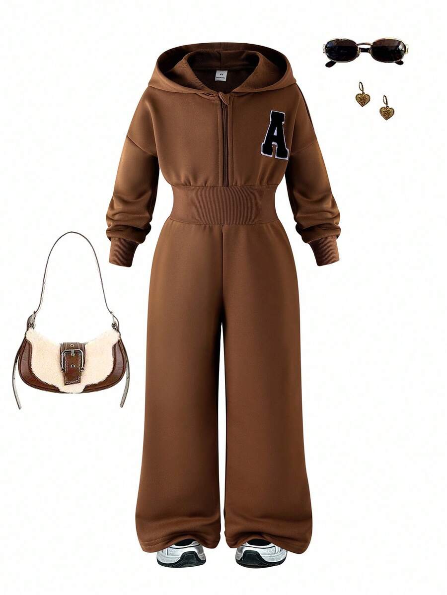 Sparklyn 女孩休闲日常运动棕色长袖连帽拉链连体裤，舒适腰部抽绳简约连体裤，秋季