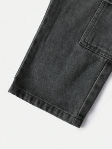 SHEIN Young Girl' Personalized Versatile Washed Soft Casual Fashion Street Non-Stretch Denim Bib Pants, Lightweight For Spring & Autumn Fall Winter - Black - View 6