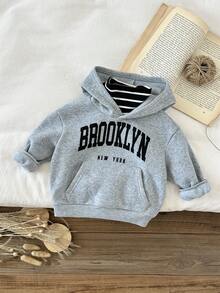 SHEIN 男婴保暖内衬卫衣，针织套头衫，休闲字母图案圆领长袖上衣，适合室内、室外、日常穿着、运动、聚会、秋冬季摄影等场合。 - 灰色 - 查看 8