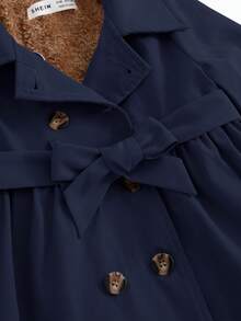 SHEIN Áo khoác blazer dáng dài vừa phải lót nhiệt màu trơn dễ thương cho bé gái, mùa thu/đông - Màu xanh hải quân - Xem 4