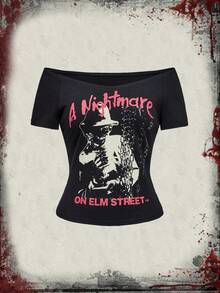 A Nightmare on Elm Street X ROMWE Women's Kpop Off Shoulder Letter & Figure Graphic Tight Fit Short Sleeve T-Shirt - Black - View 1