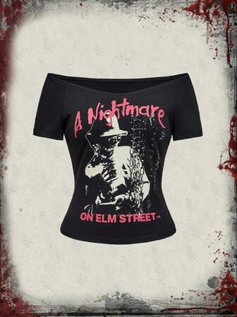 A Nightmare on Elm Street X ROMWE maglietta aderente a maniche corte da donna con spalle scoperte, grafica con lettere e figure