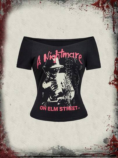 A Nightmare on Elm Street X ROMWE Women's Kpop Off Shoulder Letter & Figure Graphic Tight Fit Short Sleeve T-Shirt