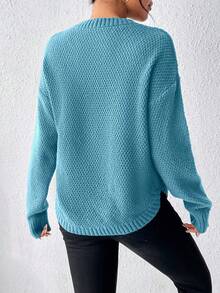 EMERY ROSE Casual Solid Color Arched Hem Sweater, Autumn/Winter - Teal Blue - View 2