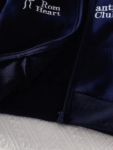 Genkimix Kids 1件女童蝴蝶结刺绣细节抓绒拉链连帽衫，藏蓝色连帽衫，秋冬连帽外套，女童拉链卫衣 - 藏蓝色 - 查看 7