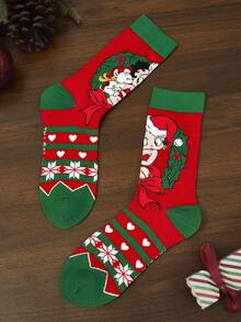 Betty Boop x SHEIN Calcetines casuales de media pantorrilla para mujer, suaves y transpirables, que absorben la humedad, con patrón de hombrecillo de jengibre, de moda y festivos, de color rojo, con refuerzo en los dedos y el talón para mayor durabilidad en invierno