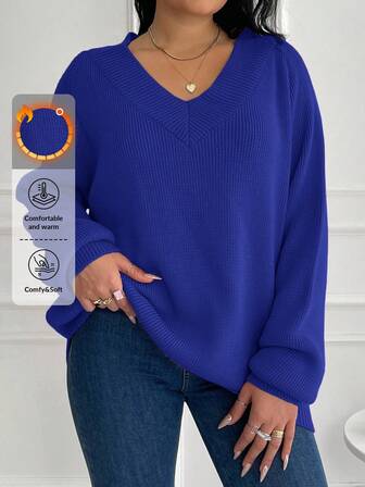 Plus Size Women's Loose Fit Sweater With Raglan Sleeve, Winter
