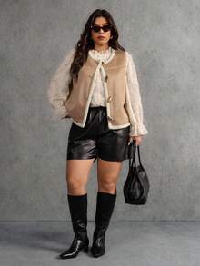 Elaquor Plus Size Casual Versatile Sleeveless Jacket, Autumn/Winter Western Jacket - Camel - View 4