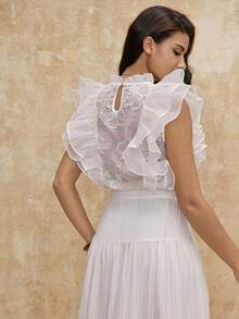 SHEIN Privé VITNOS 优雅甜美镂空刺绣雪纺拼接纯白色透明荷叶边领荷叶边女式吊带背心，春夏 - 白色 - 查看 5