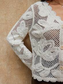 SHEIN Privé VITNOS Luxury Fall Winter Women's White Crochet Cardigan Elegant Crochet Tops For Women, Casual For Fall Winter, Chic Autumn, Party Looks, Fall Winter For Women, New Year's, Earthy Women, Elegant, French Elegance, Cozy Sweaters, Fall Winter New Style Women, Weekend, Autumn Work Style, Delicate Romance, Elegant, Luxury , Fashionable This Autumn, Suitable For Dates, Going Out, Night Out, Parties, Weddings, Holiday, Vacation, Birthday - Beige - View 9