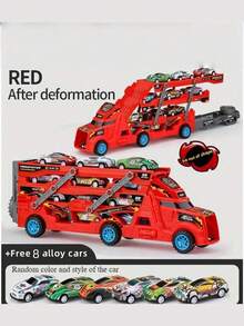 Foldable Stunt Launcher Car Toy - Inertia Powered Construction Truck With 8 Random Mini Vehicles, Gift For Boys Girls Age 3-6 Years Old