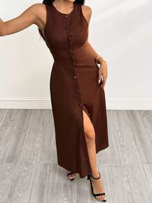 SHEIN PETITE Elegant Solid Color Front Button Sleeveless Dress, Summer,Thanksgiving Outfit For Women,Brown Skirt,Luxury Evening Dress For Women,Elegant Dresses For Ladies