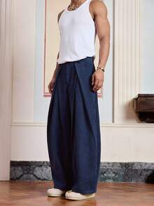 SWAVVY Men's Solid Color Pleated Pocket Wide Leg Loose Casual Corduroy Long Pants, Fall Winter