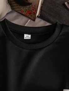 SHEIN 1件少女宽松圆领套头卫衣，长袖，宽松版型，袖口饰有可拆卸蝴蝶结，适合秋冬季休闲穿着 - 黑色 - 查看 6