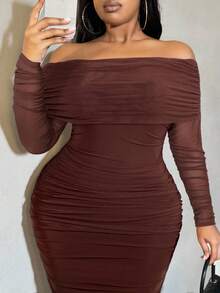 SHEIN SXY 秋季大码女式棕色露肩荷叶边网眼紧身连衣裙 - 棕色 - 查看 3
