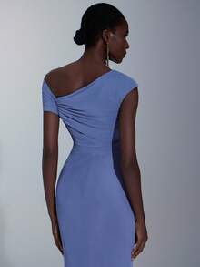 Elitara Elegant Cobalt Blue High Stretch Mesh Asymmetric Shoulder Metal Decor Fitted Mermaid Dress, Suitable For Dates, Outings, Weddings, Bridesmaid Events - Dusty Blue - View 5