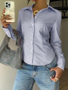 SHEIN EZwear Áo sơ mi dài tay bo gấu sọc hồng mới thu đông dành cho nữ - Màu xanh hải quân - Xem 2