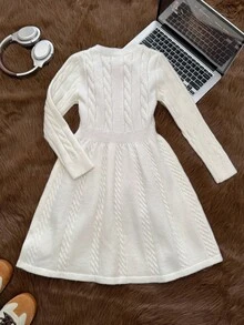 SHEIN Tween 女童休闲混色提花花卉刺绣圆领长袖束腰连衣裙，学院风，百搭，适合所有季节 - 白色 - 查看 4