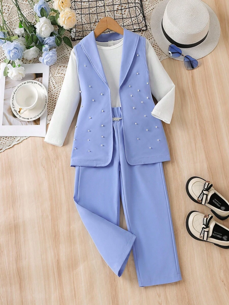 Sparklyn 3 件套年轻女孩时尚白色圆领长袖 T 恤 + 串珠粉色西装背心 + 松紧腰阔腿裤，适合日常、休闲、学校、所有季节 - 藍色 - 查看 1