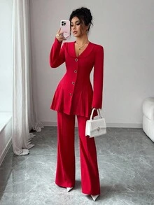 Elenzga بدلة نسائية أنيقة رومانسية، تشمل جاكيت بياقة وأكمام طويلة وخصر ضيق بتصميم A-line وبنطال ساق مستقيمة