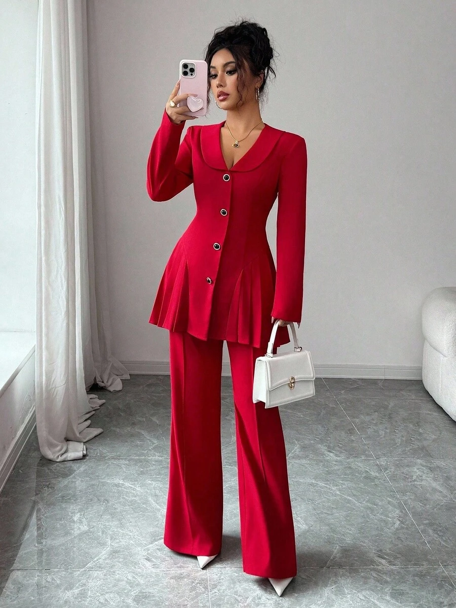 Elenzga بدلة نسائية أنيقة رومانسية، تشمل جاكيت بياقة وأكمام طويلة وخصر ضيق بتصميم A-line وبنطال ساق مستقيمة
