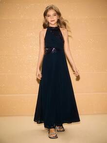 青少年女孩无袖亮片简约优雅连衣裙，适合派对、舞会、宴会 - 藏蓝色 - 查看 6