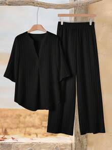 Rusticease Conjunto de top de manga corta y pantalones de unicolor de tela a rayas para mujer, de estilo casual