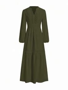 Ellevyn Women's Woven Jacquard Texture Spring Style Deep V-Neck Solid Color Ruffle Hem Lace Trim Summer Dress - Army Green - View 4