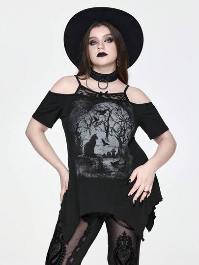 Goth Blusa asimétrica de talla grande con estampado de árbol desnudo y gato, de estilo gótico y misterioso
