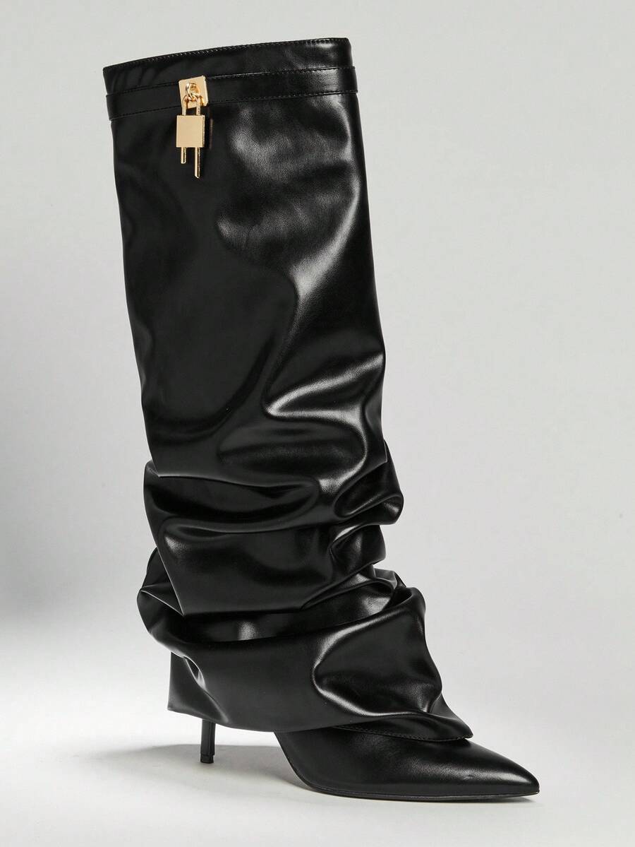 SHUZIA Botas altas hasta la rodilla con tacón sexy y elegante para mujer, con decoración de candado de metal