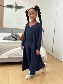 SHEIN طقم كاجوال مكون من 3 قطع للفتيات المراهقات: كارديجان طويل الأكمام بلون سادة، صدرية وبنطلون