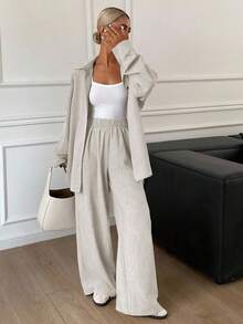 Livesso Western Style Beach Vacation Solid Color Linen- Loose Casual 2 Pieces Set For Women, Spring,Fall Women Clothes Lounge Sets For Women - Beige - View 4