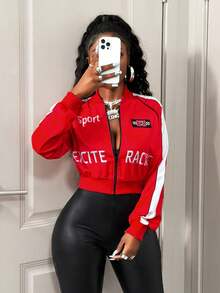 BamGleam Giacca corta con chiusura lampo e blocchi di colore a contrasto, di moda e versatile per le donne - Rosso - Visualizzare 7