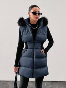 EURMUSE Fuzzy Trim Hooded Puffer Vest Coat - Dusty Blue - View 5
