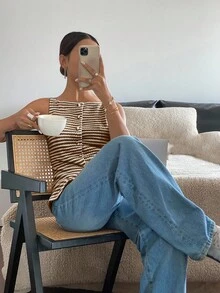Siren Gaze Áo sơ mi sọc không tay cài nút phía trước đơn giản thường ngày cho nữ, mặc hàng ngày - Cà phê nâu - Xem 6