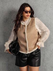 Elaquor Plus Size Casual Versatile Sleeveless Jacket, Autumn/Winter Western Jacket - Camel - View 5