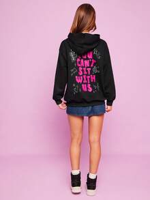 Mean Girls X SHEIN Felpa con cappuccio casual, larga e comoda, con stampa di slogan e corona, adatta per uso quotidiano e urbano, per donne