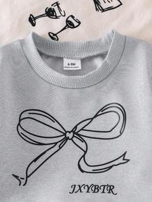 SHEIN Áo nỉ dài tay in nơ màu xám thường ngày cho bé gái, dễ thương và thời trang cho mùa thu - Xám - Xem 4