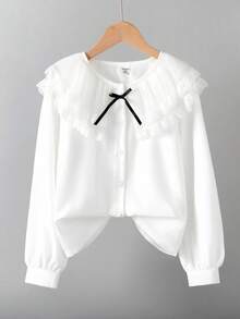 1pc Girls' White Large Lapel Pleated Double-Layer Lace Ruffle Collar Button Front Bow Cuff Lantern Sleeve Elegant Princess Blouse, Spring/Autumn (Sibling Outfits Matching Outfits, 2 Pieces Sold Separately)