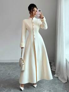 Elenzga New Women's Stand Collar Long Sleeve Faux Rabbit Fur Cuff Splice Open Front Design Waist A-Line Casual Daily Versatile Young Elegant Lady Long Coat, Autumn/Winter Fall Coat For Women - Apricot - View 7